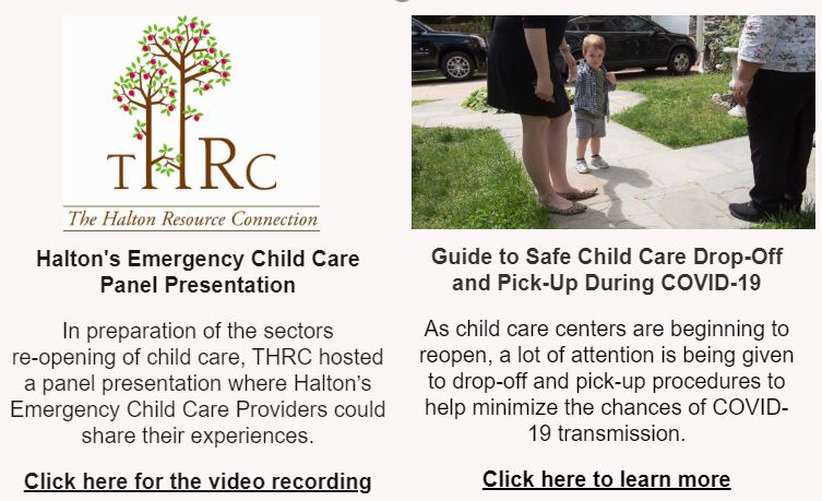 THRC Event Flyer for the Halton's Emergency Child Care Panel Presentation and Guide to Safe Child Care Drop-Off and Pick-Up During COVID-19