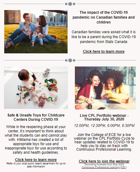 THRC Flyer with The Impact of COVID 19 on Canadian Families, Safe and Unsafe Toys During COVID and Live CPL Portfolio Webinar