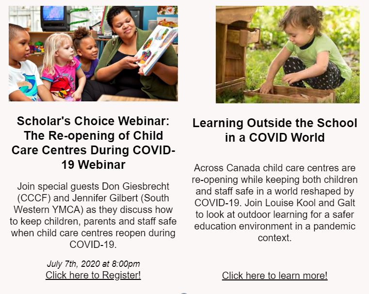 THRC Flyer - The Reopening of Child Care Centres During COVID 19 Webinar and Learning Outside the School in a COVID World
