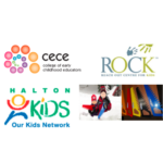 College of Early Childhood Educators Logo, Reach Out Centre for Kids Logo, Our Kids Network Logo and Children exploring the plastic snow saws