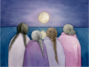 a painted picture of 4 grandma sitting and looking at the moon