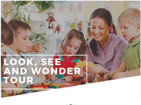 Look, See and Wonder Tour Banner with an Educator and 4 children sitting at the table
